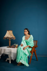 Dista Elora Light Green Soft Linen Silk Chikankari Casual Designer Wear Saree, view 5