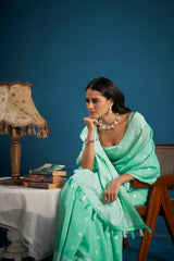 Dista Elora Light Green Soft Linen Silk Chikankari Casual Designer Wear Saree, view 6