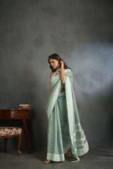 Dista Elora Light Green Soft Linen Silk Office Wear Saree With Chikankari Weaved Border, view 2