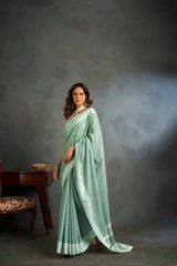 Dista Elora Light Green Soft Linen Silk Office Wear Saree With Chikankari Weaved Border, view 3