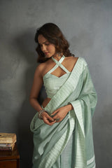 Dista Elora Light Green Soft Linen Silk Office Wear Saree With Chikankari Weaved Border, view 4