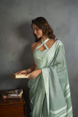 Dista Elora Light Green Soft Linen Silk Office Wear Saree With Chikankari Weaved Border, view 5