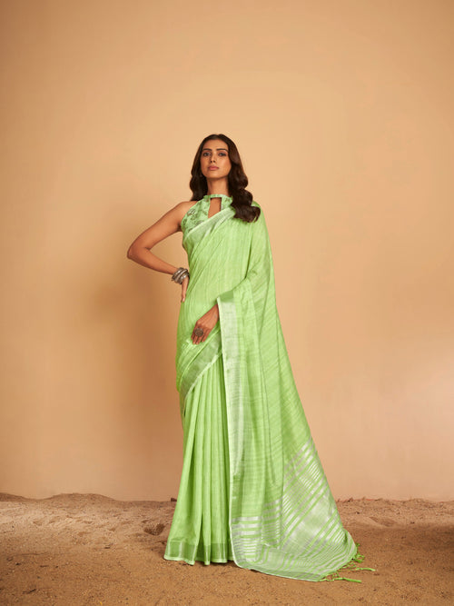 Dista Elora Light Green Soft Linen Solid Foil Printed Designer Casual Saree