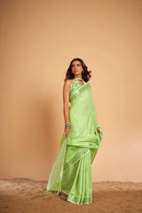 Dista Elora Light Green Soft Linen Solid Foil Printed Designer Casual Saree, view 2