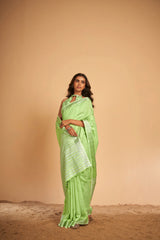 Dista Elora Light Green Soft Linen Solid Foil Printed Designer Casual Saree, view 3
