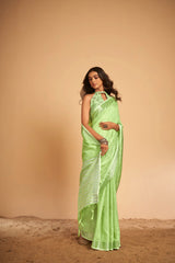 Dista Elora Light Green Soft Linen Solid Foil Printed Designer Casual Saree, view 5
