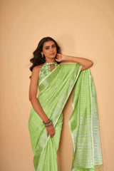 Dista Elora Light Green Soft Linen Solid Foil Printed Designer Casual Saree, view 6