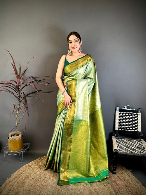 Dista Elora Light Green Soft Silk Ikkat Leheriya Weaving Saree