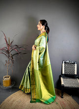 Dista Elora Light Green Soft Silk Ikkat Leheriya Weaving Saree, view 2