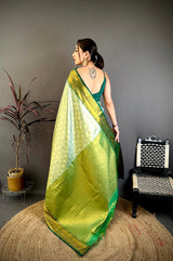 Dista Elora Light Green Soft Silk Ikkat Leheriya Weaving Saree, view 3