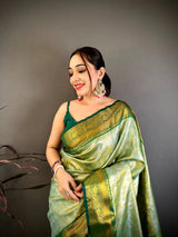 Dista Elora Light Green Soft Silk Ikkat Leheriya Weaving Saree, view 4