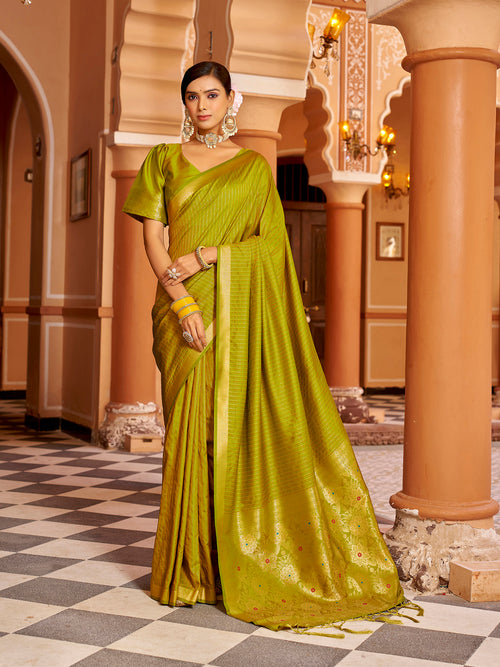 Dista Elora Light Green Soft Silk Kanjivaram Zari Jacquard Work Designer Saree