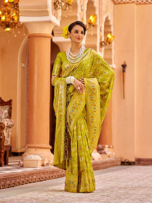 Dista Elora Light Green Soft Silk Patola Zari Jacquard Work Designer Saree
