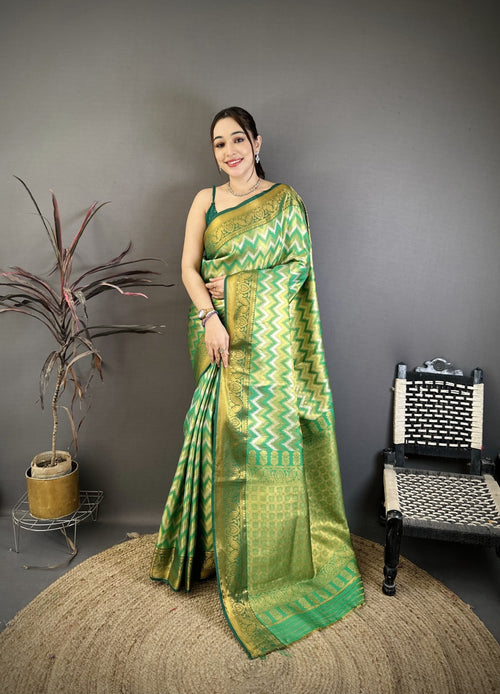 Dista Elora Light Green Soft Silk Zig Zag Leheriya Zari Weaving Saree