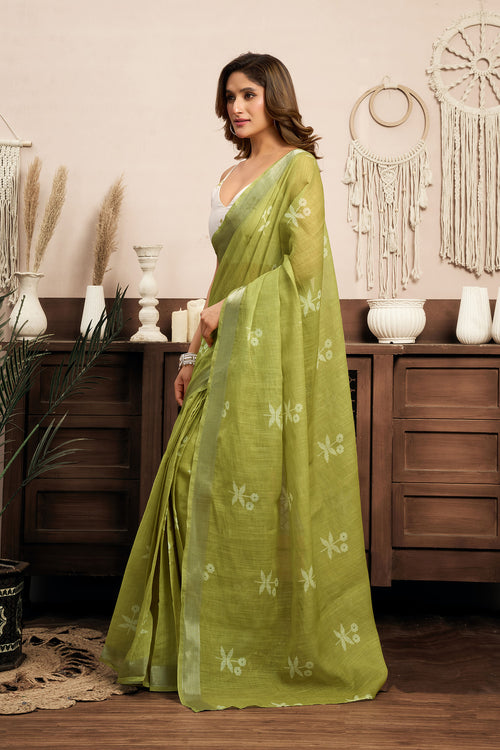 Dista Elora Light Olive Linen Motifs Printed Ready To Wear Saree