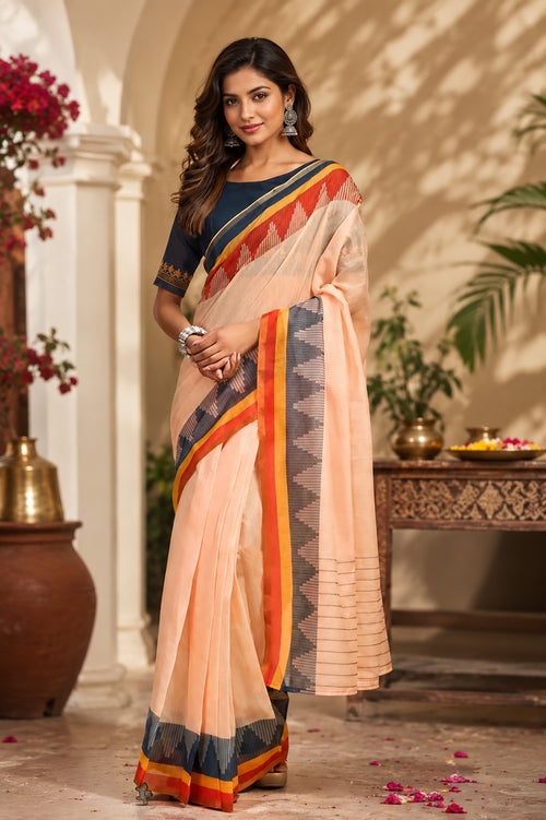 Dista Elora Light Peach Chanderi Cotton Plain Printed Ready To Wear Saree