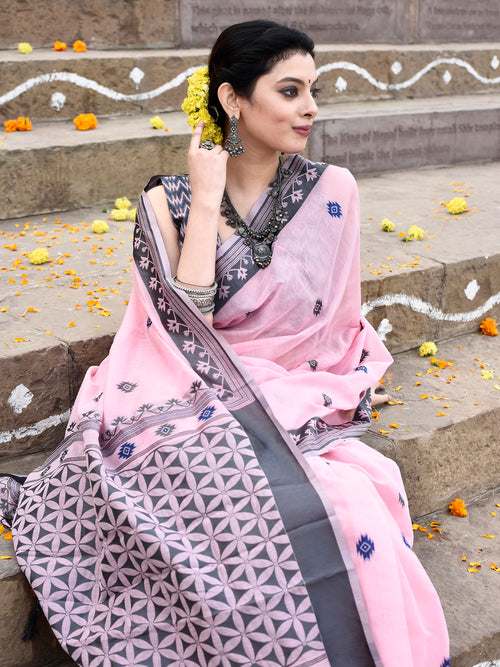 Dista Elora Light Pink Cotton Butti Weave Handloom Wedding Wear Saree