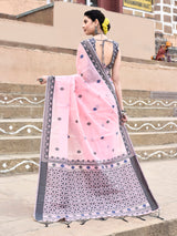 Dista Elora Light Pink Cotton Butti Weave Handloom Wedding Wear Saree, view 2