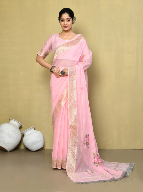 Dista Elora Light Pink Cotton Floral Embroidered Designer Casual Saree