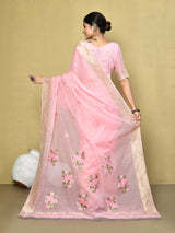 Dista Elora Light Pink Cotton Floral Embroidered Designer Casual Saree, view 3