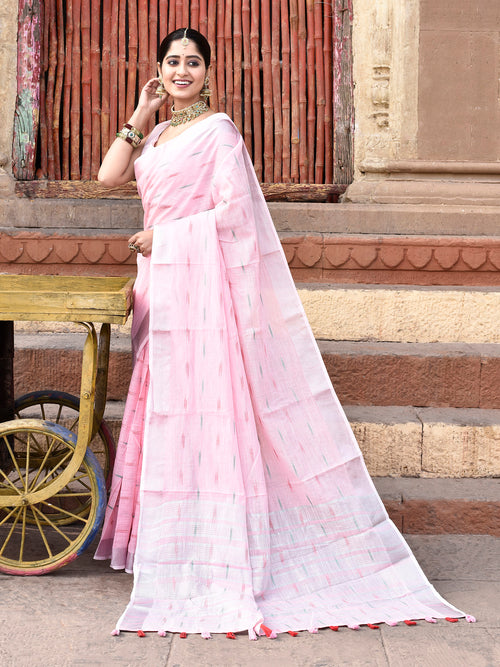 Dista Elora Light Pink Linen Butti Weave Ikkat Festive & Traditional Designer Saree