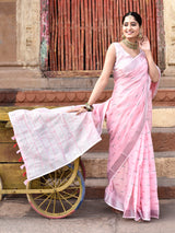 Dista Elora Light Pink Linen Butti Weave Ikkat Festive & Traditional Designer Saree, view 2
