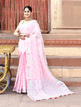 Dista Elora Light Pink Linen Butti Weave Ikkat Festive & Traditional Designer Saree, view 3