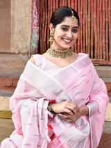 Dista Elora Light Pink Linen Butti Weave Ikkat Festive & Traditional Designer Saree, view 4