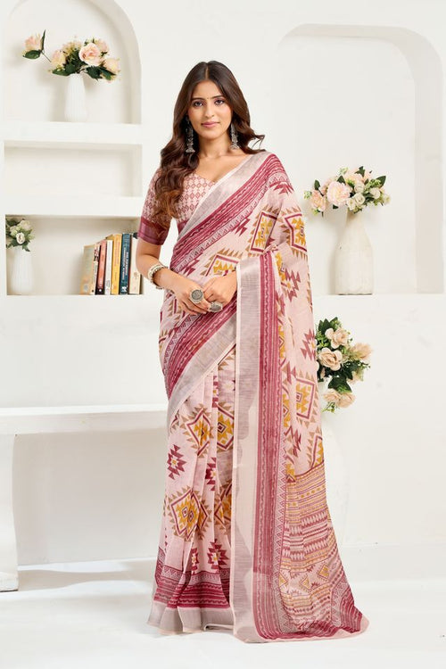 Dista Elora Light Pink Linen Ikat Geometric Printed Ready To Wear Saree