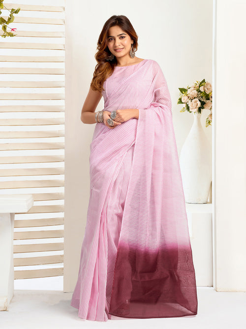 Dista Elora Light Pink  Linen Striped Printed Ready To Wear Saree With Pocket