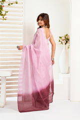 Dista Elora Light Pink  Linen Striped Printed Ready To Wear Saree With Pocket, view 3