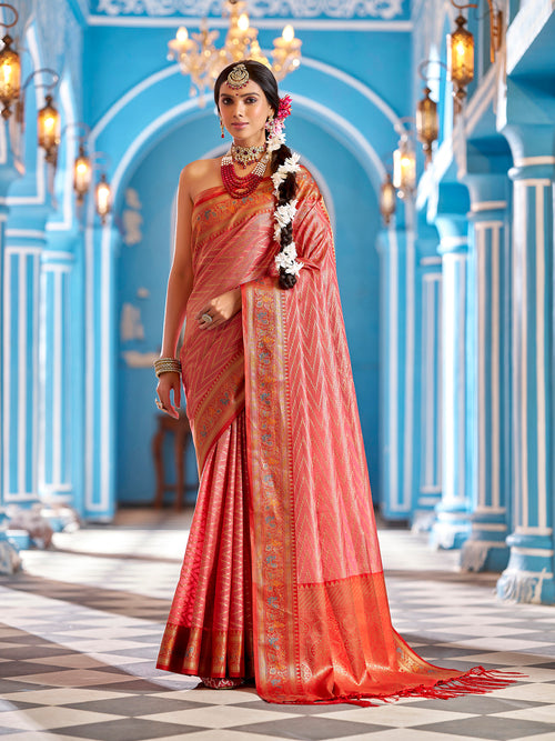 Dista Elora Light Pink Munga Zari Silk Kanjivaram With Zig Zag Pattern Saree