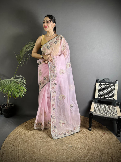 Dista Elora Light Pink Organza Silk Dubble Sequence Floral Embroidery Saree