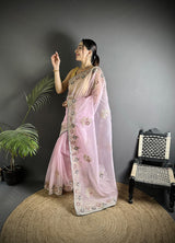 Dista Elora Light Pink Organza Silk Dubble Sequence Floral Embroidery Saree, view 2
