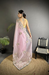Dista Elora Light Pink Organza Silk Dubble Sequence Floral Embroidery Saree, view 3