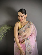 Dista Elora Light Pink Organza Silk Dubble Sequence Floral Embroidery Saree, view 5