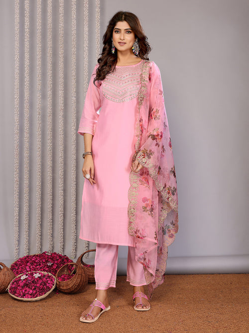 Dista Elora Light Pink Roman Plain Embroidery Straight Round Neck Kurta Set