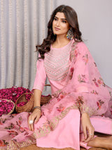 Dista Elora Light Pink Roman Plain Embroidery Straight Round Neck Kurta Set, view 2