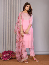 Dista Elora Light Pink Roman Plain Embroidery Straight Round Neck Kurta Set, view 3