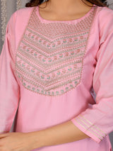 Dista Elora Light Pink Roman Plain Embroidery Straight Round Neck Kurta Set, view 4
