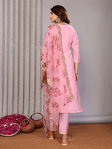 Dista Elora Light Pink Roman Plain Embroidery Straight Round Neck Kurta Set, view 5