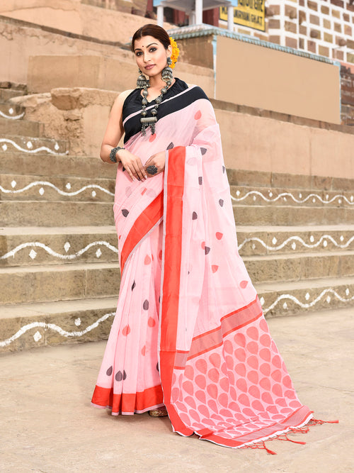 Dista Elora Light Pink Soft Cotton Butti Weaving Handloom Casual Saree