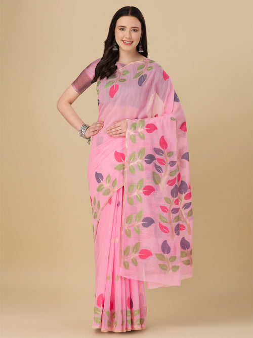 Dista Elora Light Pink Soft Cotton Floral Printed Bhagalpuri Designer Saree