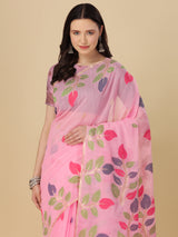 Dista Elora Light Pink Soft Cotton Floral Printed Bhagalpuri Designer Saree, view 2