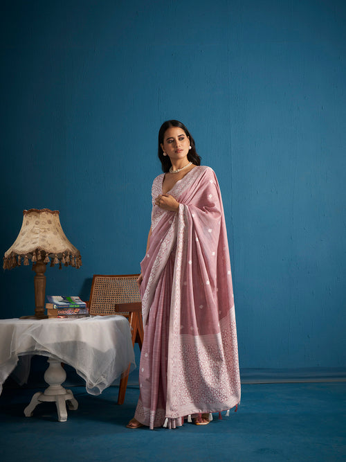 Dista Elora Light Pink Soft Linen Silk Chikankari Casual Designer Wear Saree