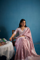 Dista Elora Light Pink Soft Linen Silk Chikankari Casual Designer Wear Saree, view 2