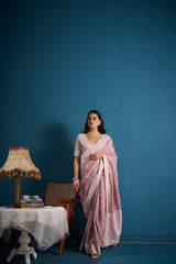 Dista Elora Light Pink Soft Linen Silk Chikankari Casual Designer Wear Saree, view 3