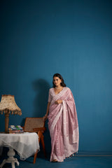 Dista Elora Light Pink Soft Linen Silk Chikankari Casual Designer Wear Saree, view 4