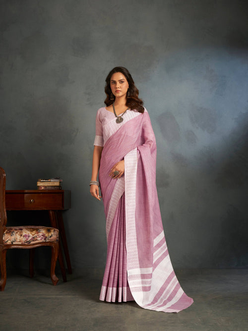 Dista Elora Light Pink Soft Linen Silk Office Wear Saree With Chikankari Weaved Border