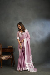 Dista Elora Light Pink Soft Linen Silk Office Wear Saree With Chikankari Weaved Border, view 2